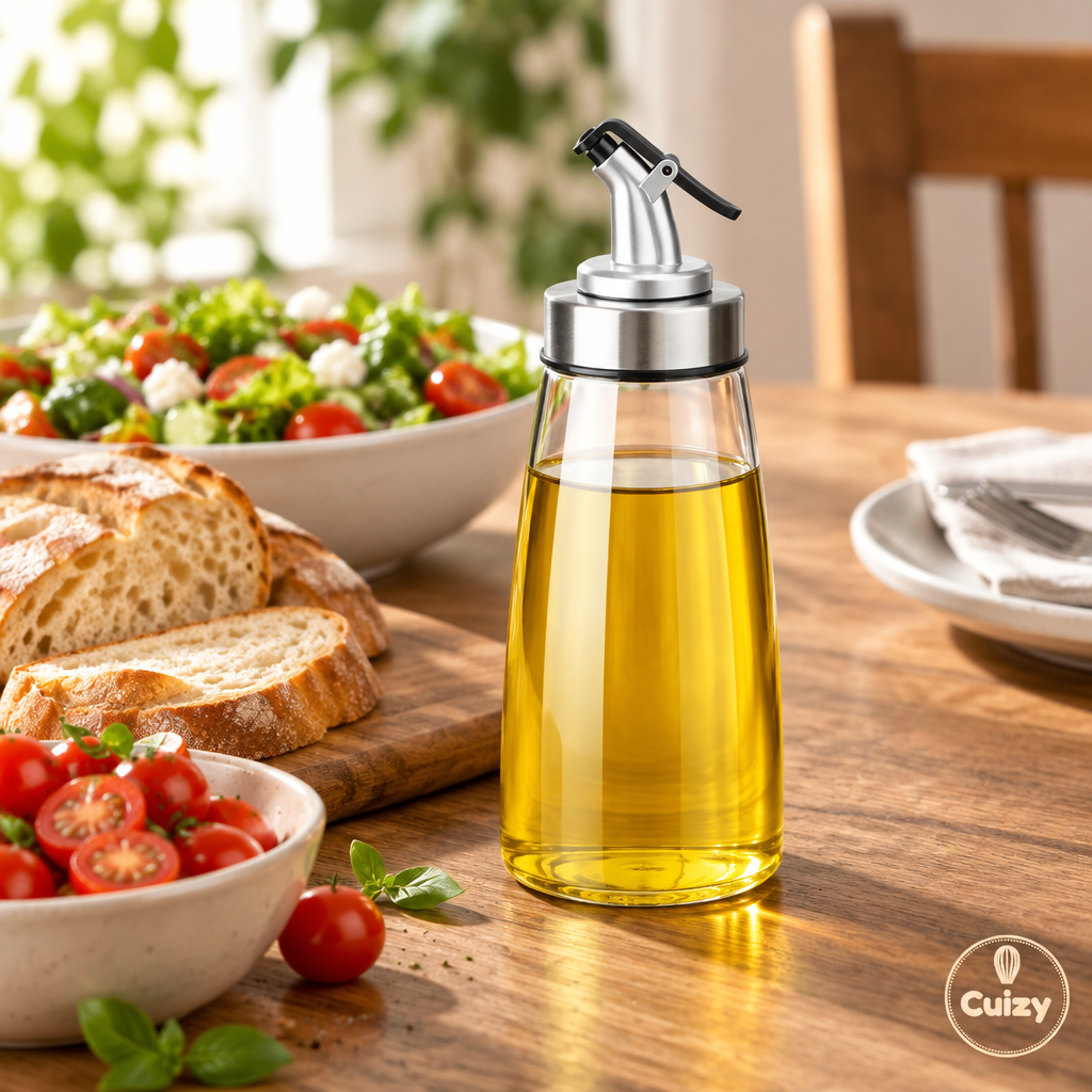 Bouteille d'huile sur une table avec pain et salade