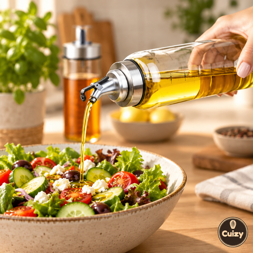Huile d'olive versée sur une salade depuis la bouteille