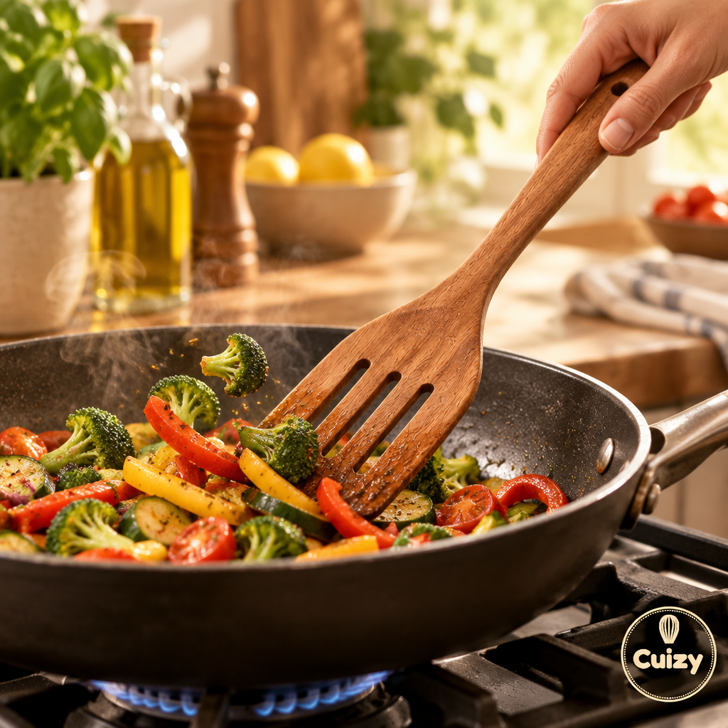 Spatule en bois retournant des légumes dans une poêle