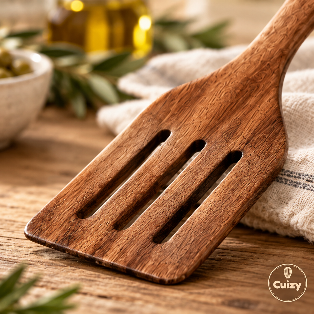 Gros plan sur le grain du bois de la spatule