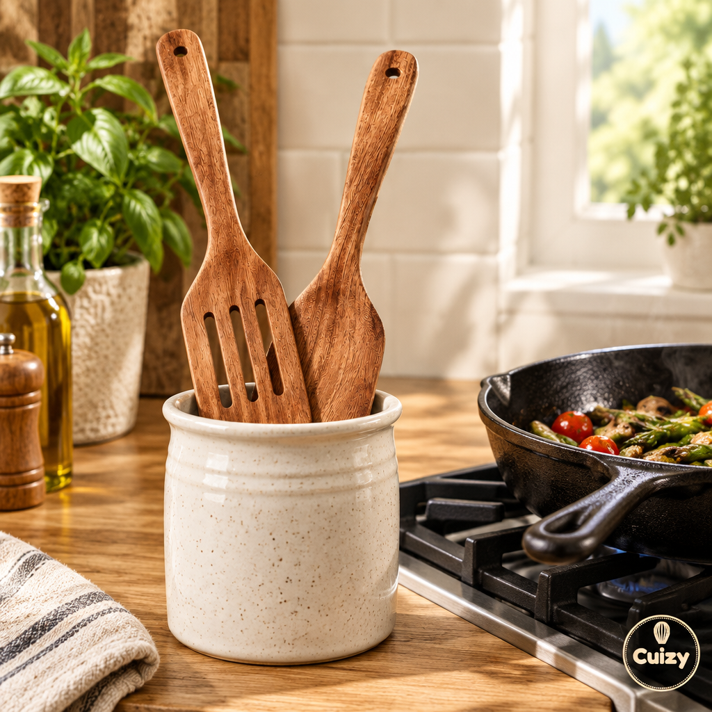 Spatules en bois dans un pot près de la plaque de cuisson