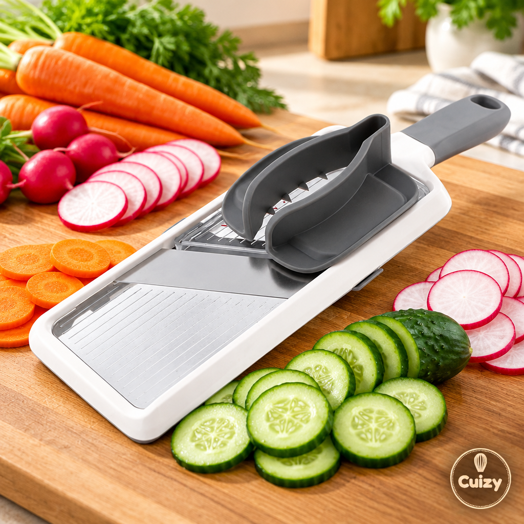 Mandoline avec carottes, concombre et radis tranchés