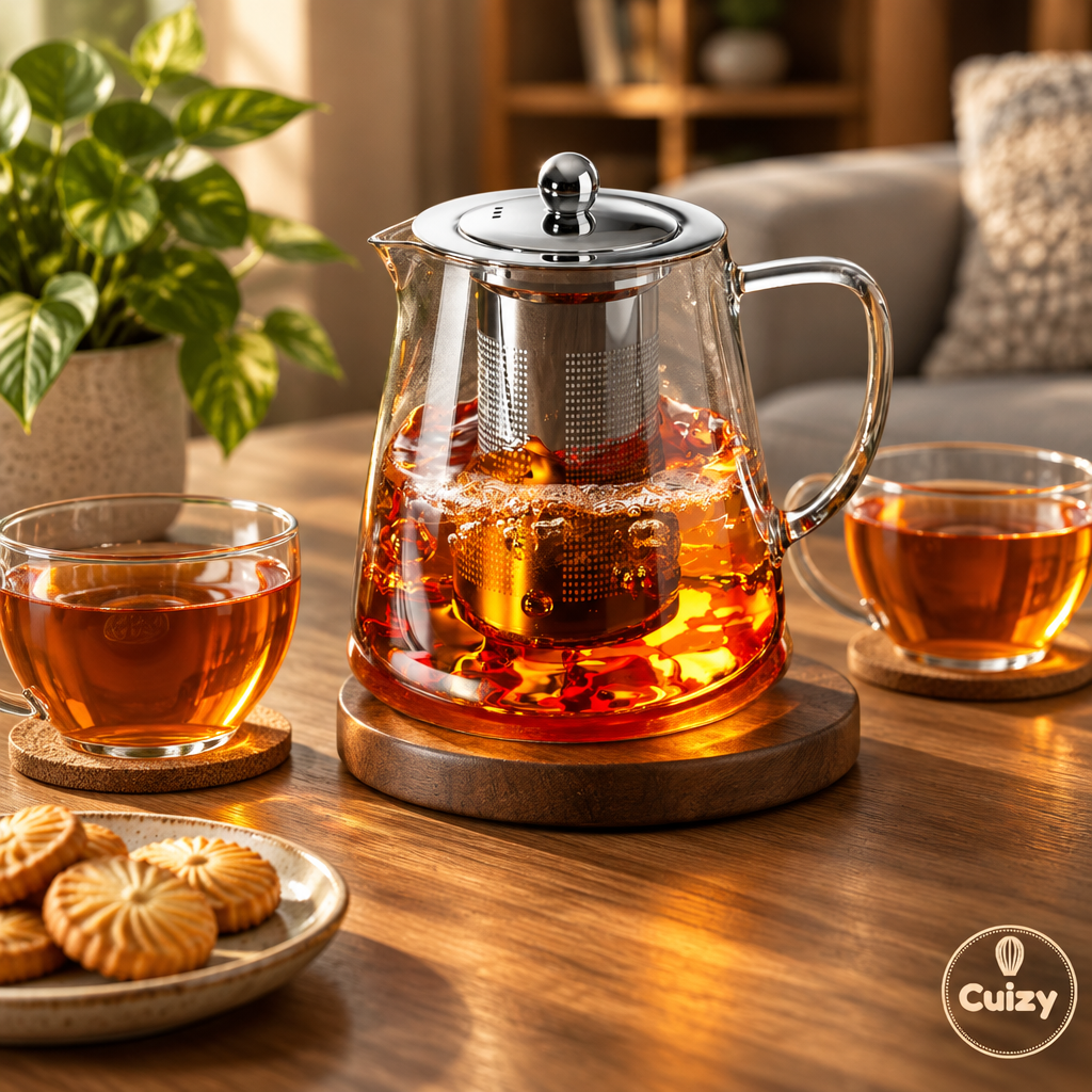 Théière avec deux tasses et des biscuits sur une table en bois