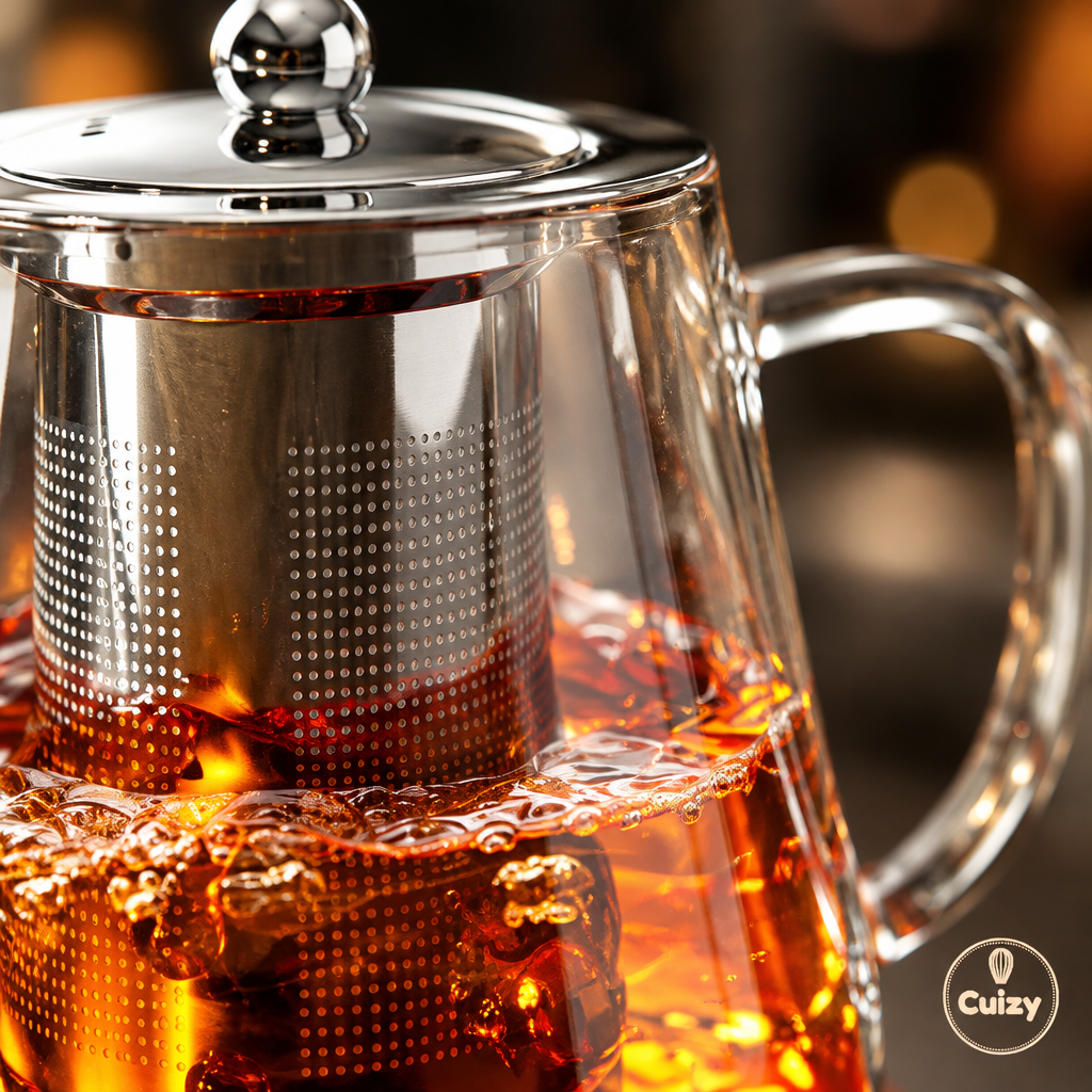 Gros plan sur le panier infuseur et le verre de la théière