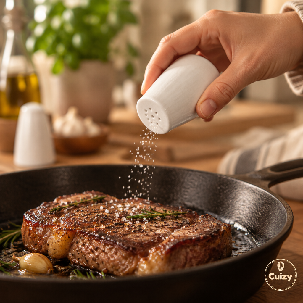 Assaisonnement d'un steak dans une poêle avec la salière