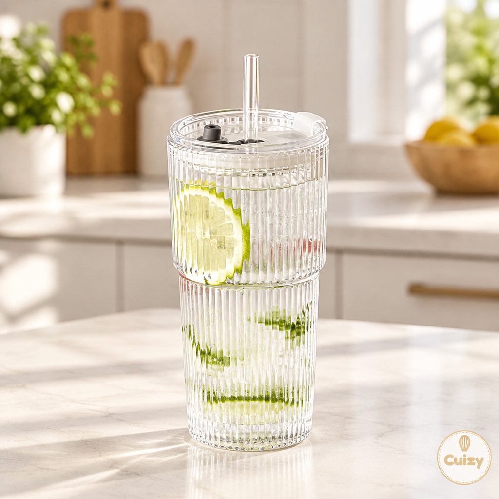 Verre côtelé avec couvercle et paille Cuizy Tumbler