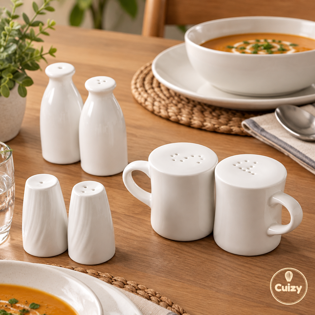 Salière et poivrière sur une table dressée avec une soupe
