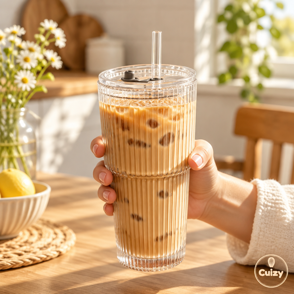 Verre côtelé rempli de café glacé tenu à la main