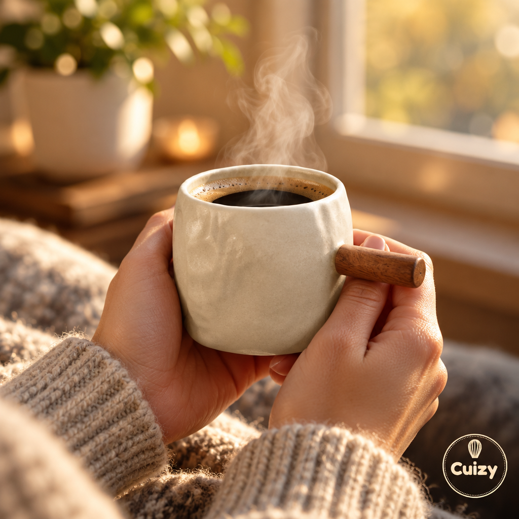 Mug fumant tenu à deux mains près d'une fenêtre