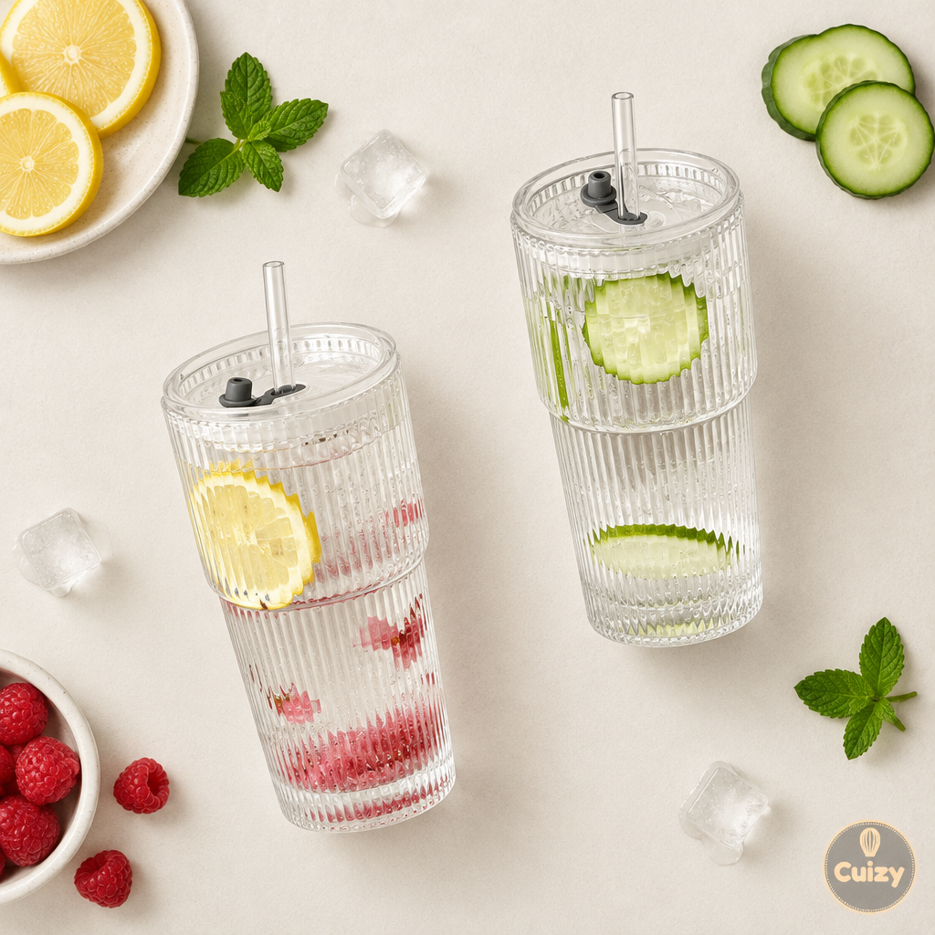 Vue du dessus du verre côtelé avec couvercle et paille
