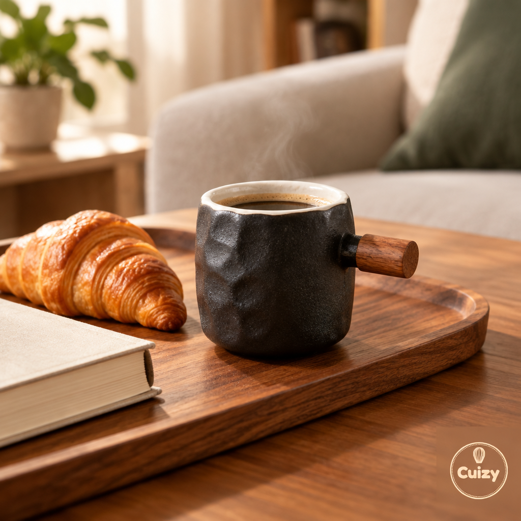 Mug sur un plateau en bois avec un croissant et un livre