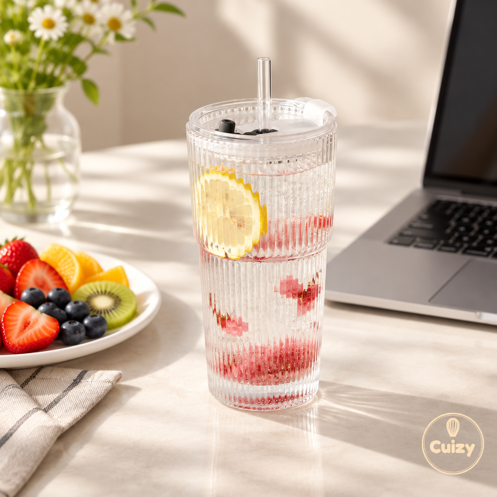 Verre côtelé sur une table de petit-déjeuner avec des fruits