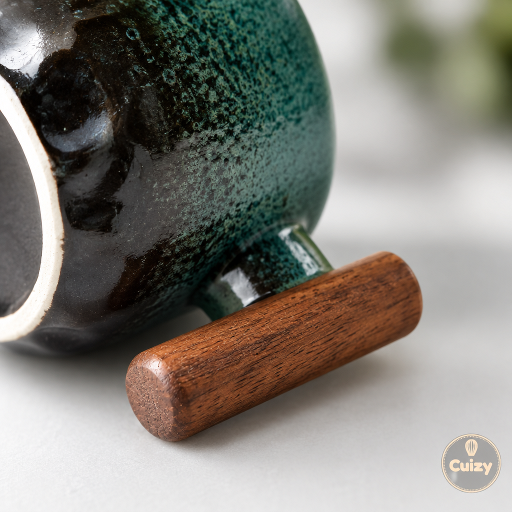 Gros plan sur le manche en bois et l'émail du mug