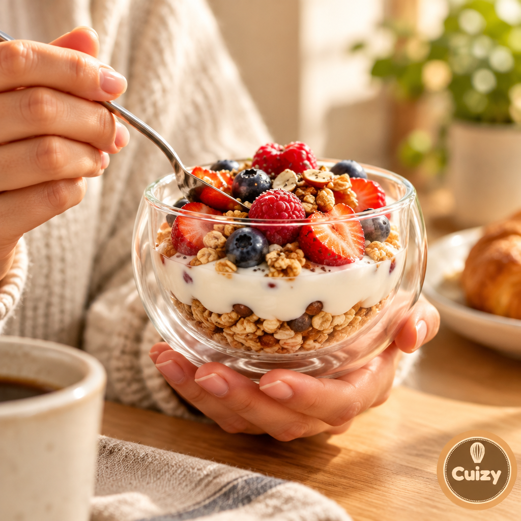 Bol rempli de granola, yaourt et fruits rouges