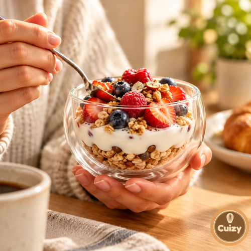 Bol rempli de granola, yaourt et fruits rouges