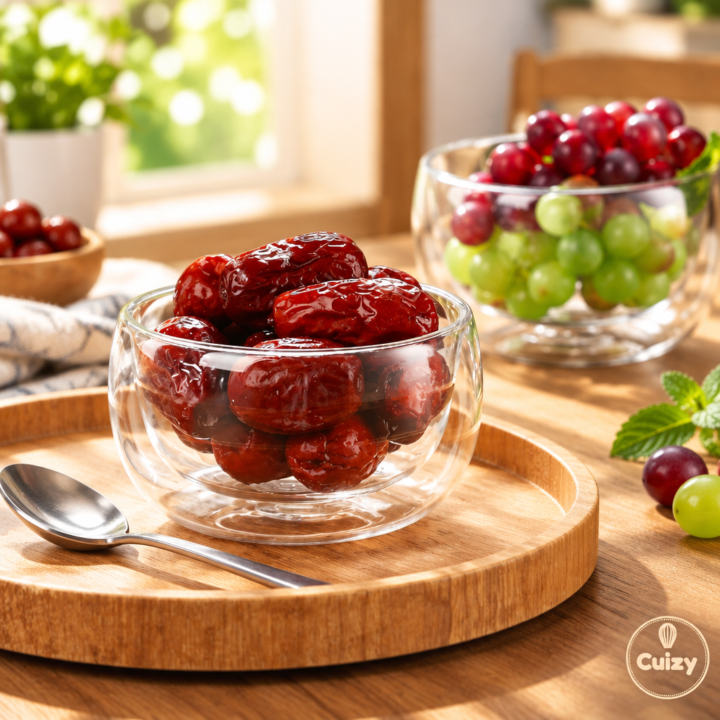 Bol en verre avec cuillère et fruits sur une table ensoleillée