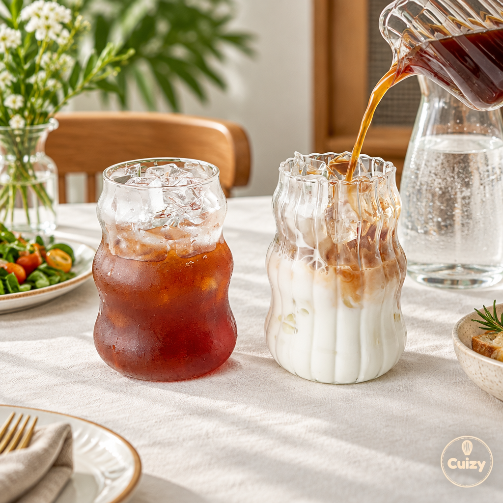 Verre ondulé sur une table dressée avec carafe