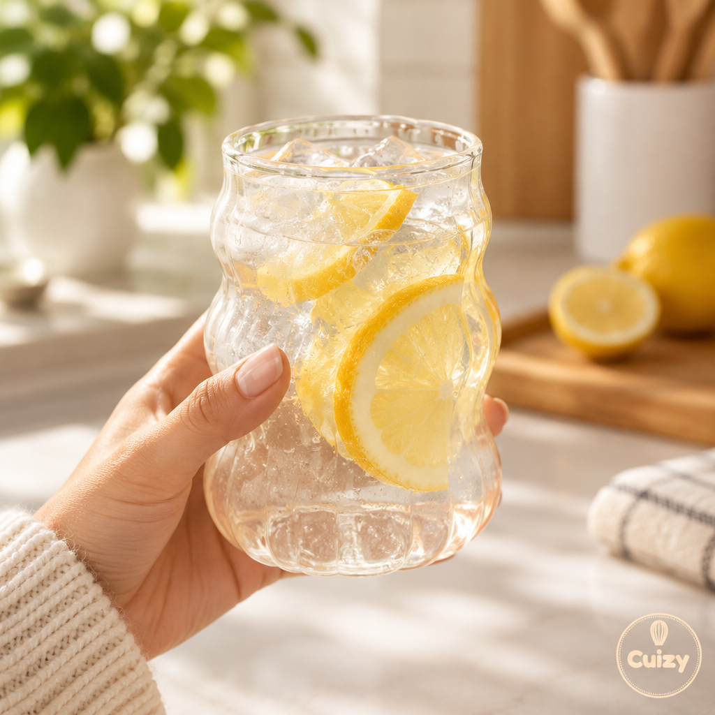 Verre ondulé rempli d'eau et de citron tenu à la main