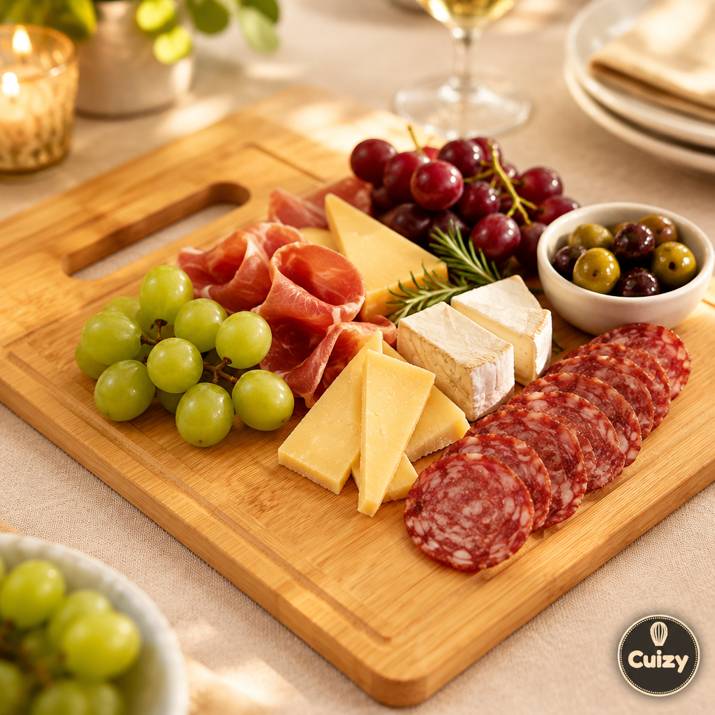 Planche en bois avec fromages, charcuterie et raisins