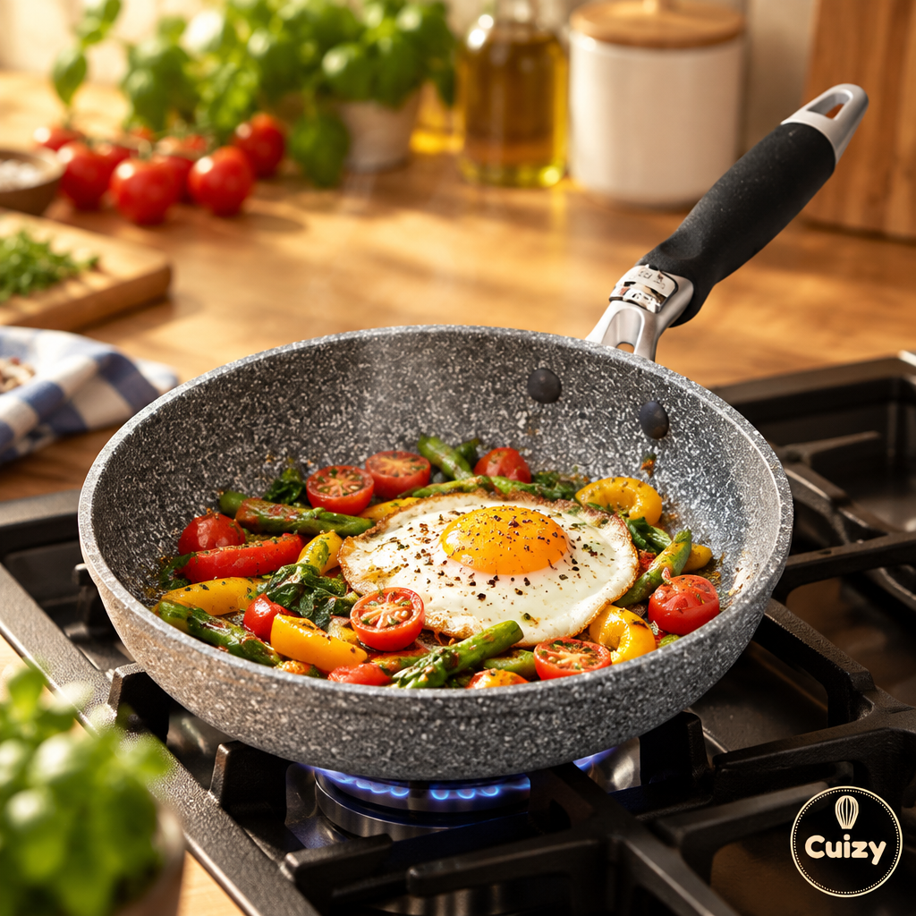 Poêle effet pierre avec un œuf au plat et des légumes