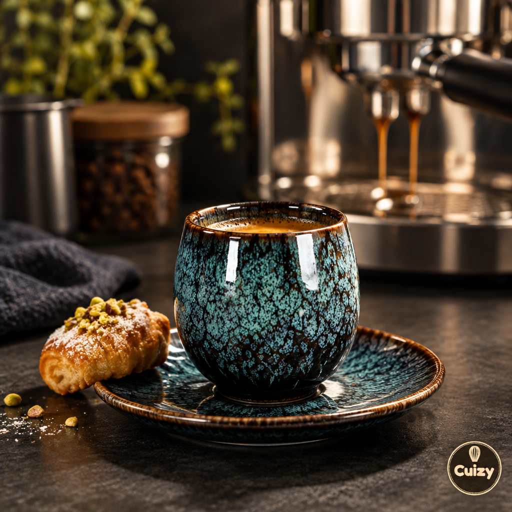 Tasse expresso sur soucoupe avec une viennoiserie