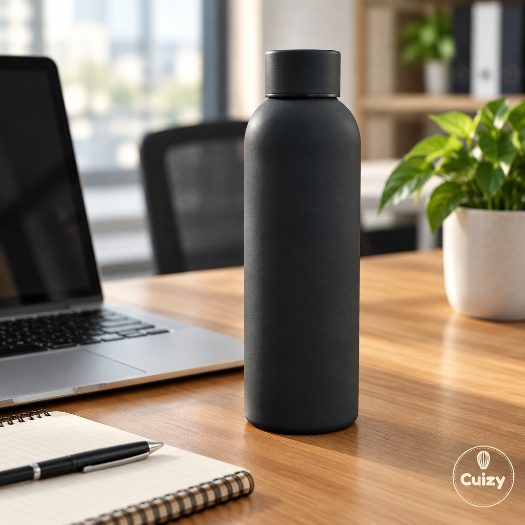 Bouteille isotherme sur un bureau avec ordinateur portable