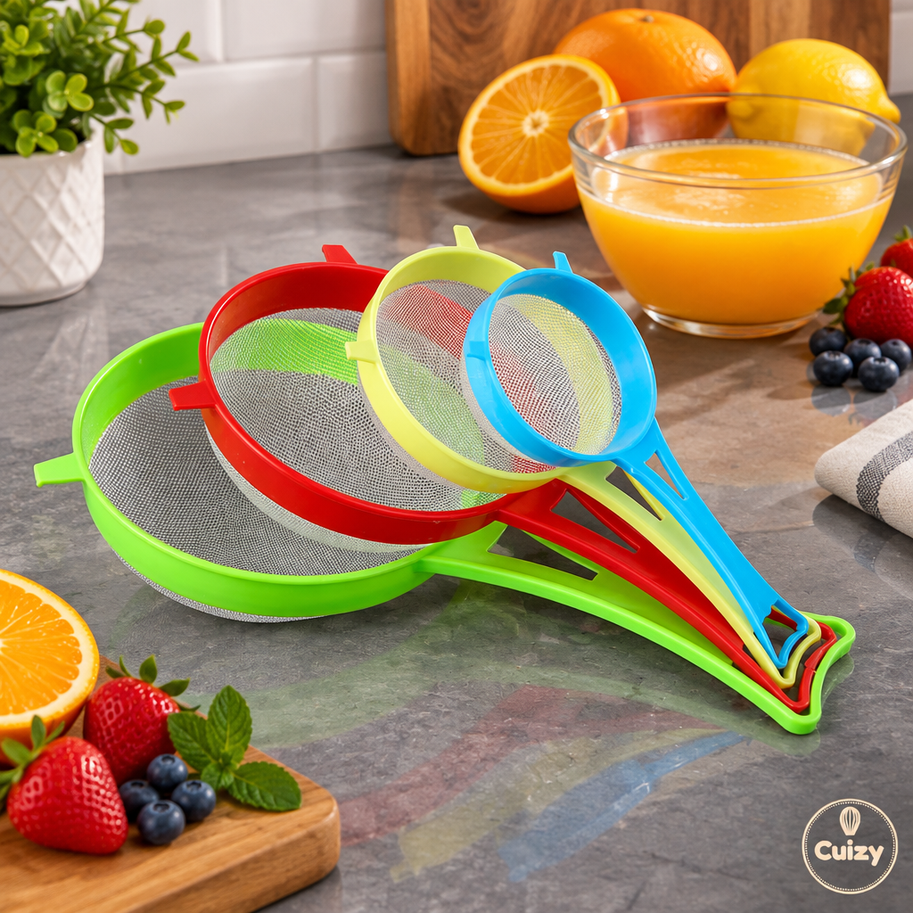 Passoires de plusieurs tailles avec jus et fruits