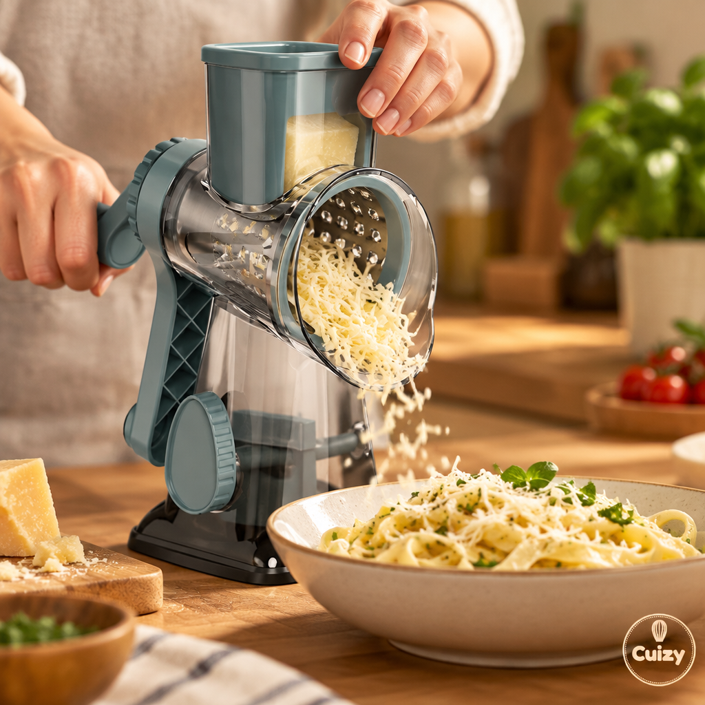 Râpe rotative râpant du fromage sur un plat de pâtes