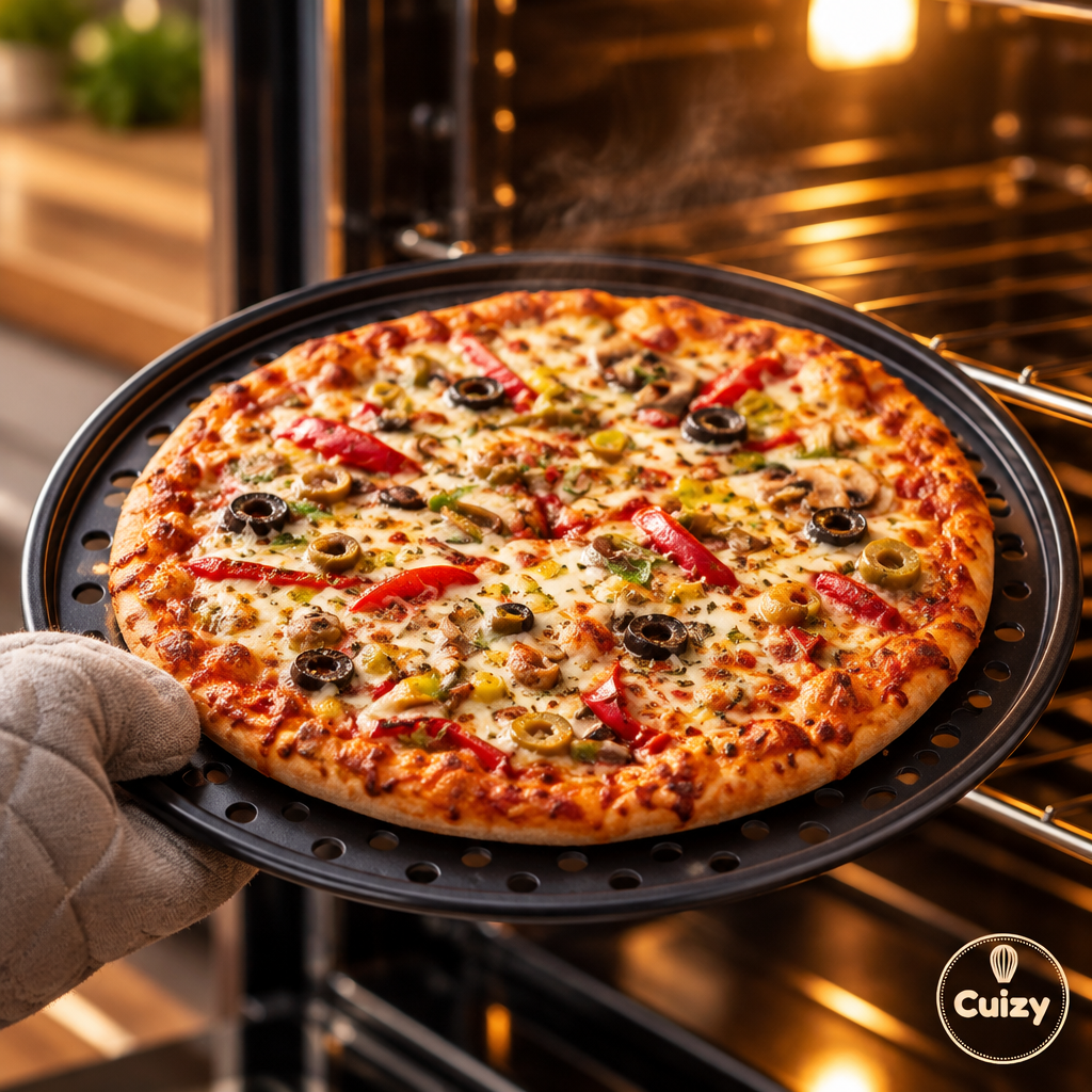 Pizza cuite sortie du four sur plateau perforé