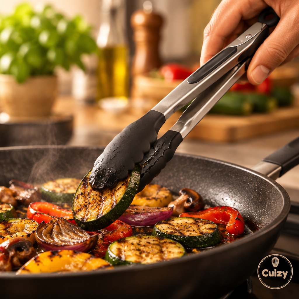Pince de cuisine utilisée pour retourner des aliments