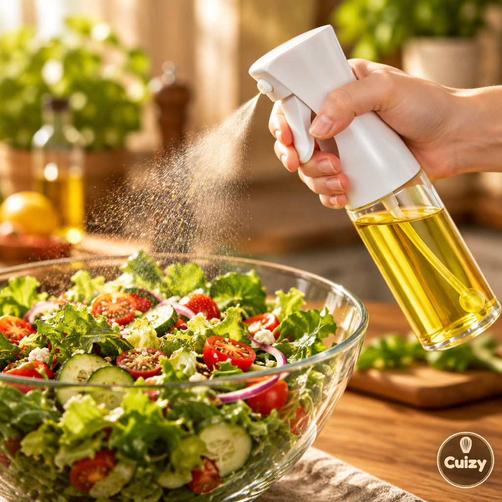 Spray à huile vaporisant sur une salade