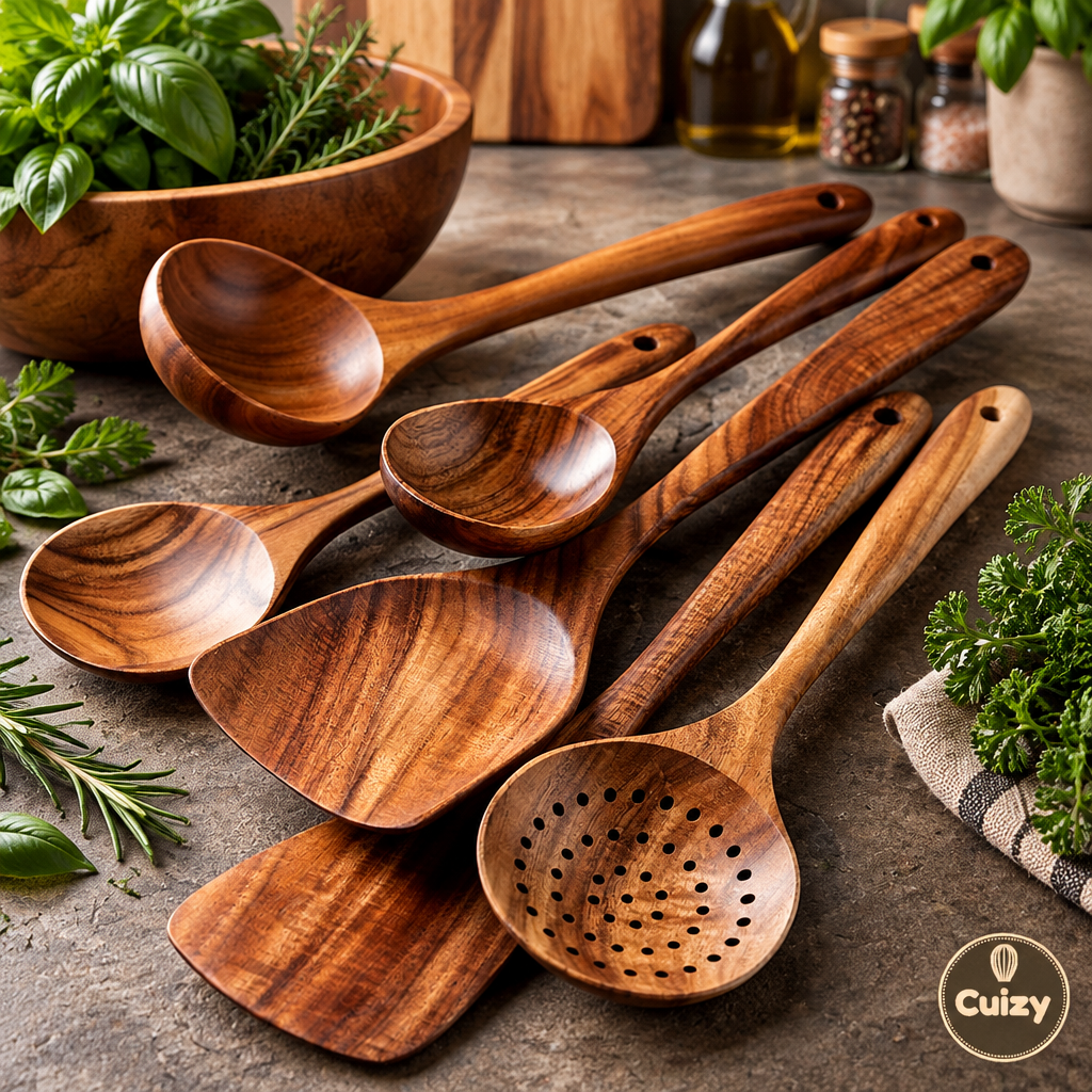 Ustensiles en teck avec bol en bois et herbes