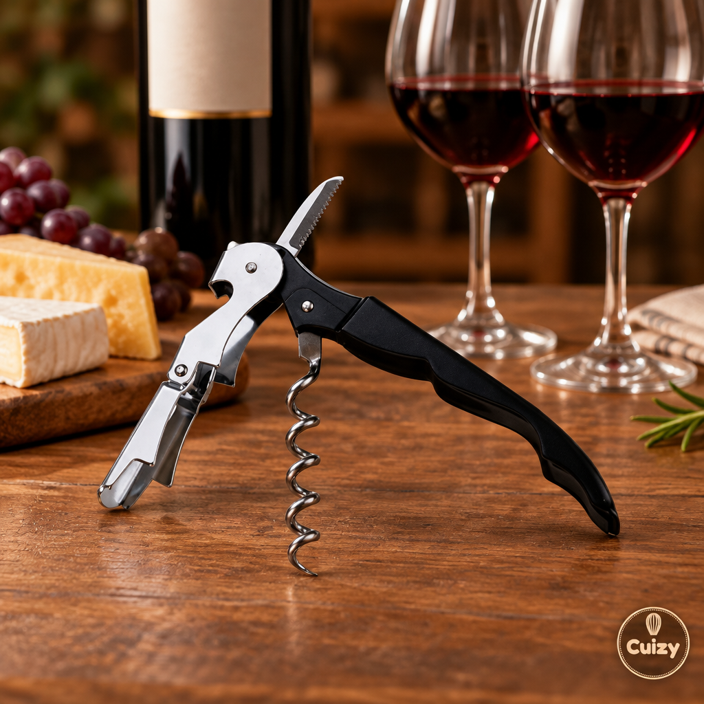 Tire-bouchon posé près de verres de vin et de fromage