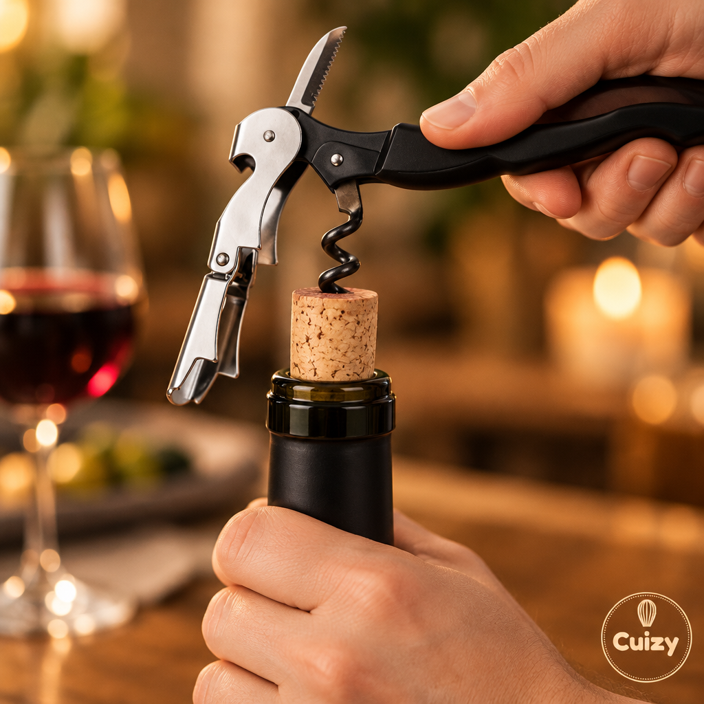 Tire-bouchon de sommelier ouvrant une bouteille de vin rouge