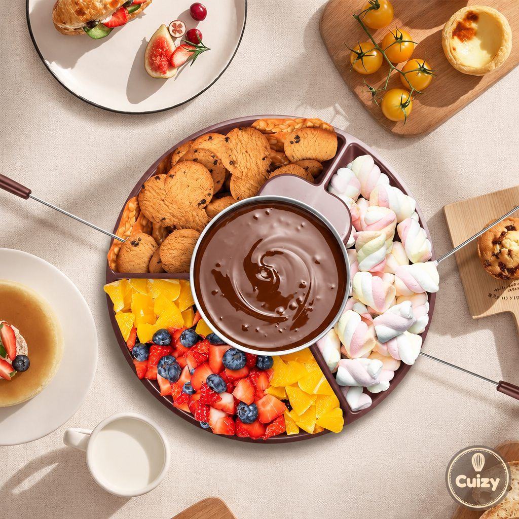 Appareil à fondue avec fruits et guimauves