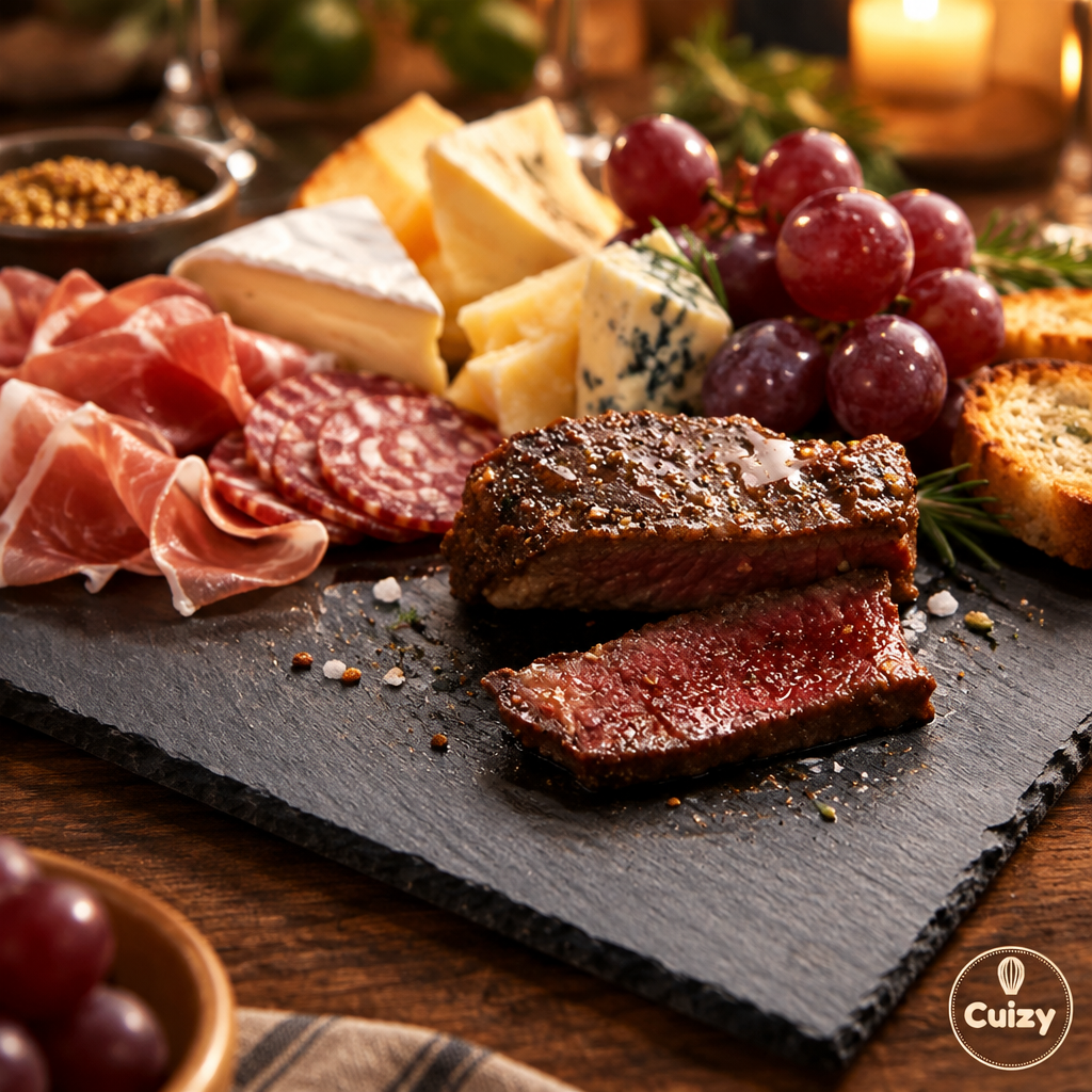 Ardoise de service avec fromages et charcuterie