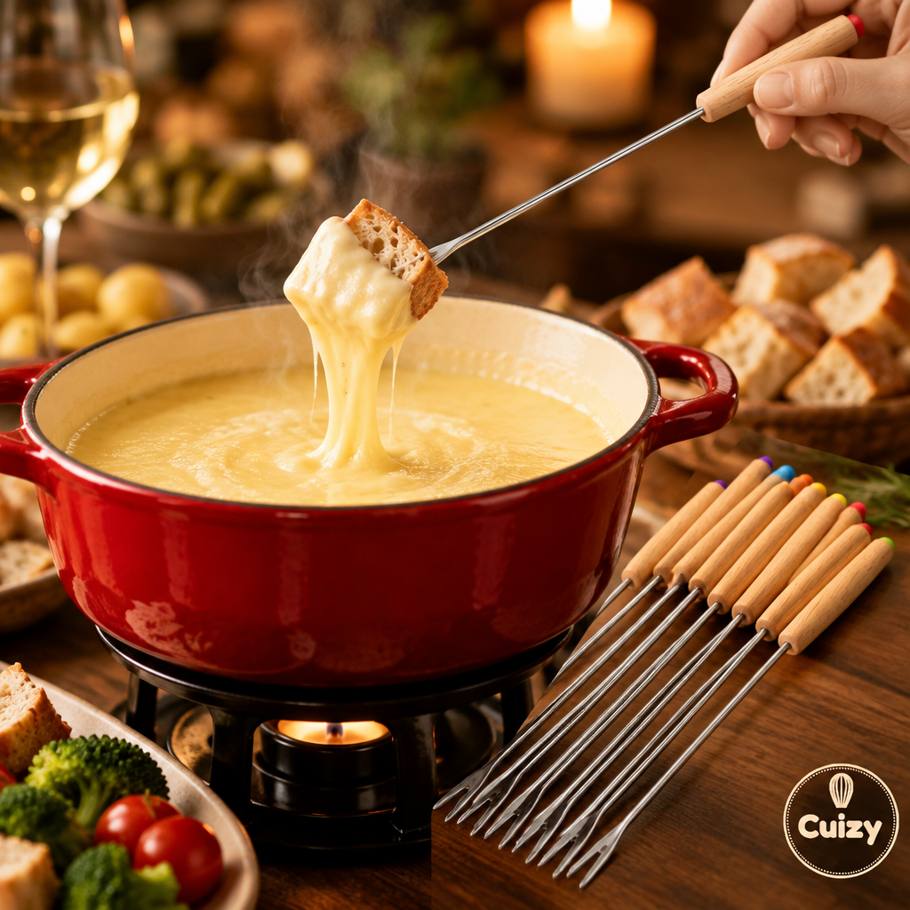 Fourchette à fondue trempant du pain dans le fromage fondu
