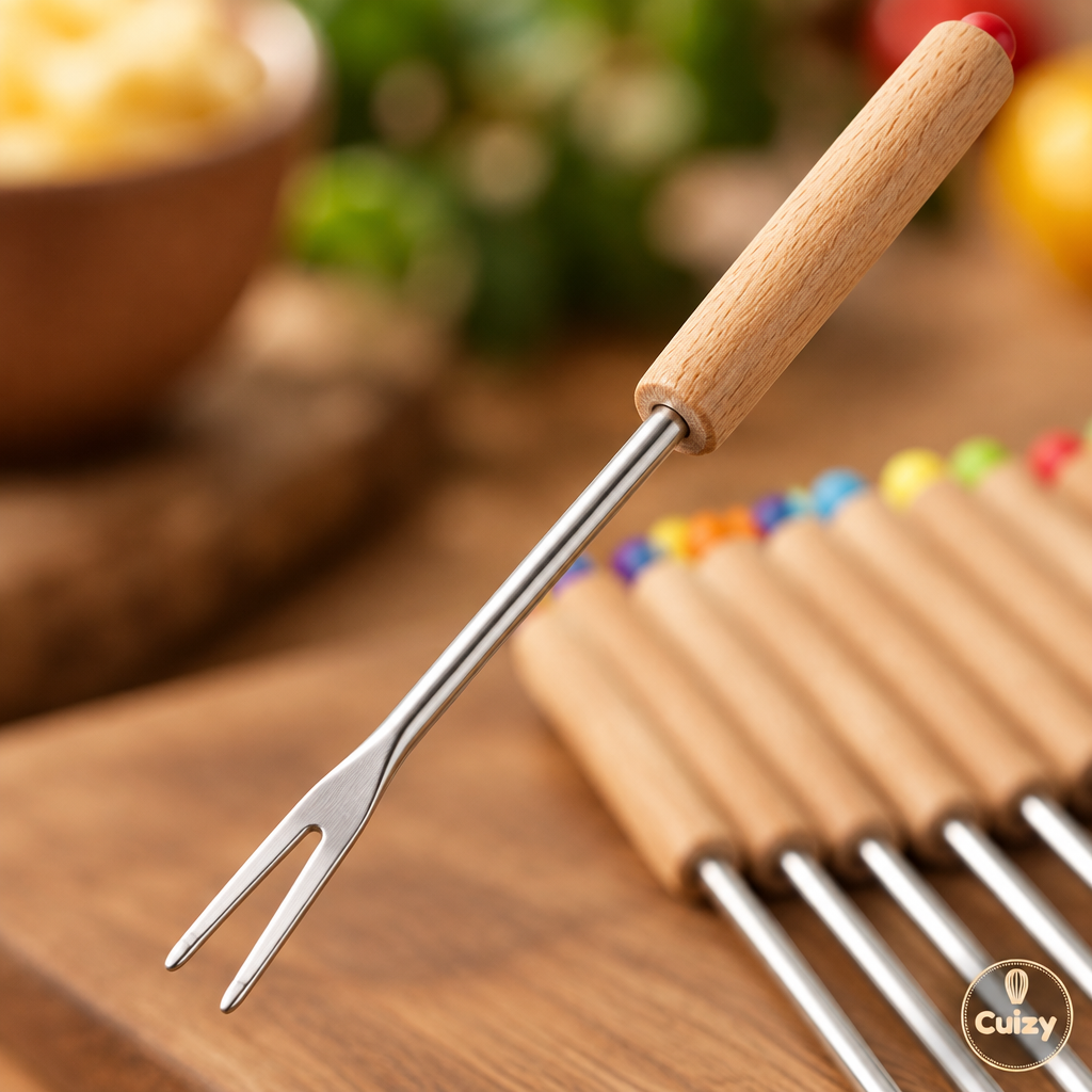 Gros plan sur les dents et le manche des fourchettes à fondue