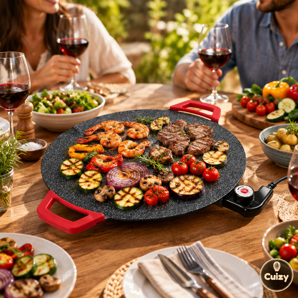 Plancha de table au centre d'un repas entre amis