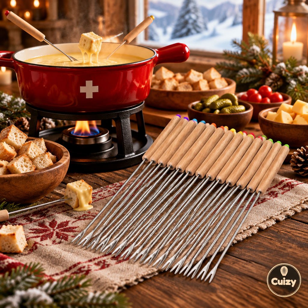 Fourchettes à fondue autour d'un caquelon sur une table d'hiver