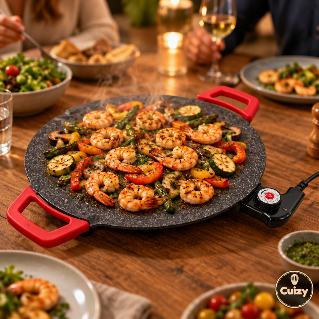 Plancha de table avec crevettes et légumes en cuisson