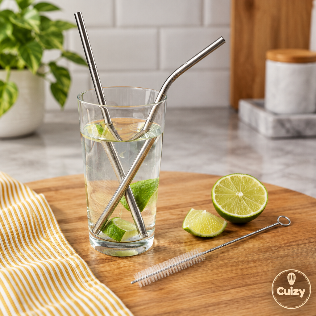 Pailles inox avec brosse de nettoyage et verres