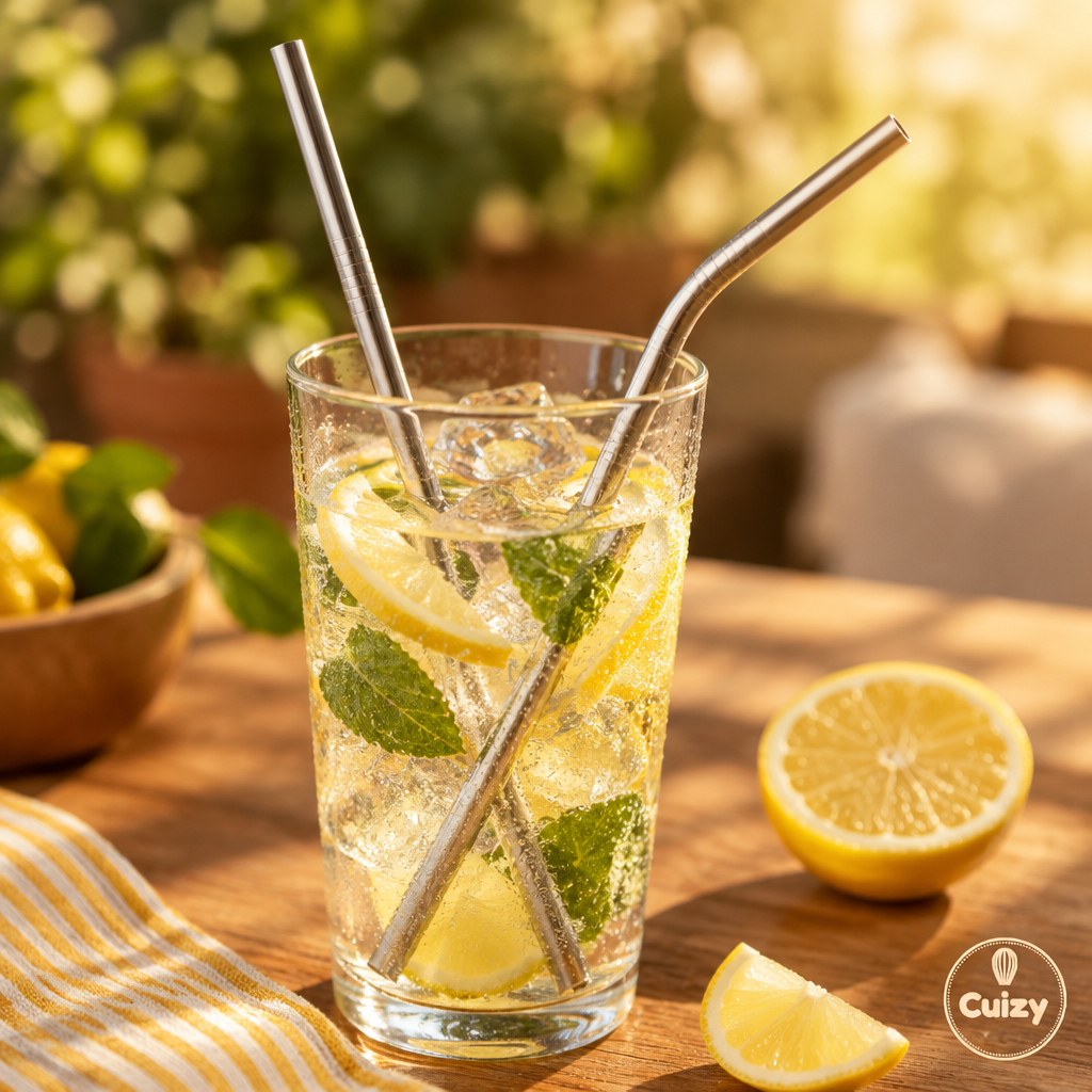 Paille inox dans un cocktail glacé au citron