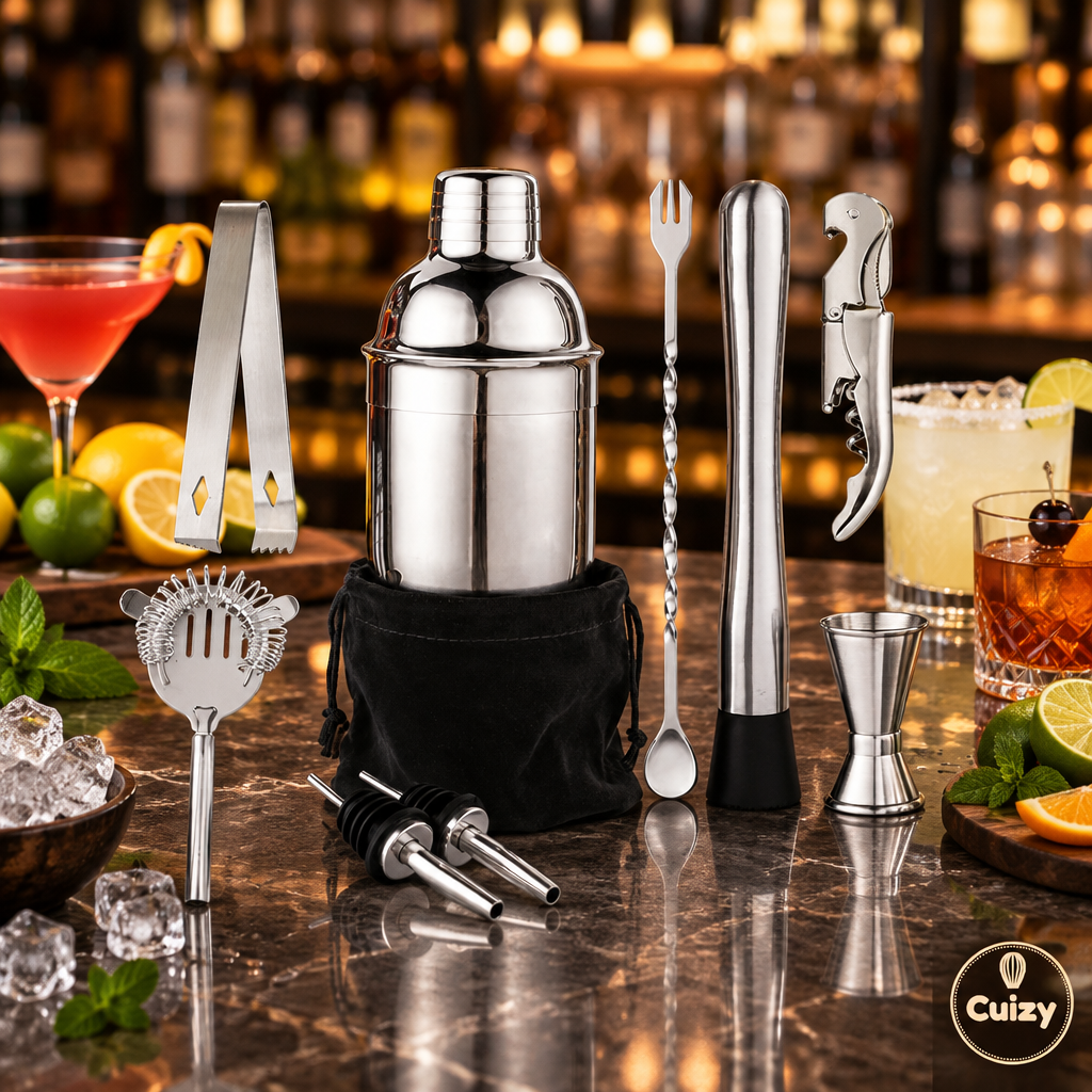 Kit barman sur un comptoir avec agrumes et cocktails