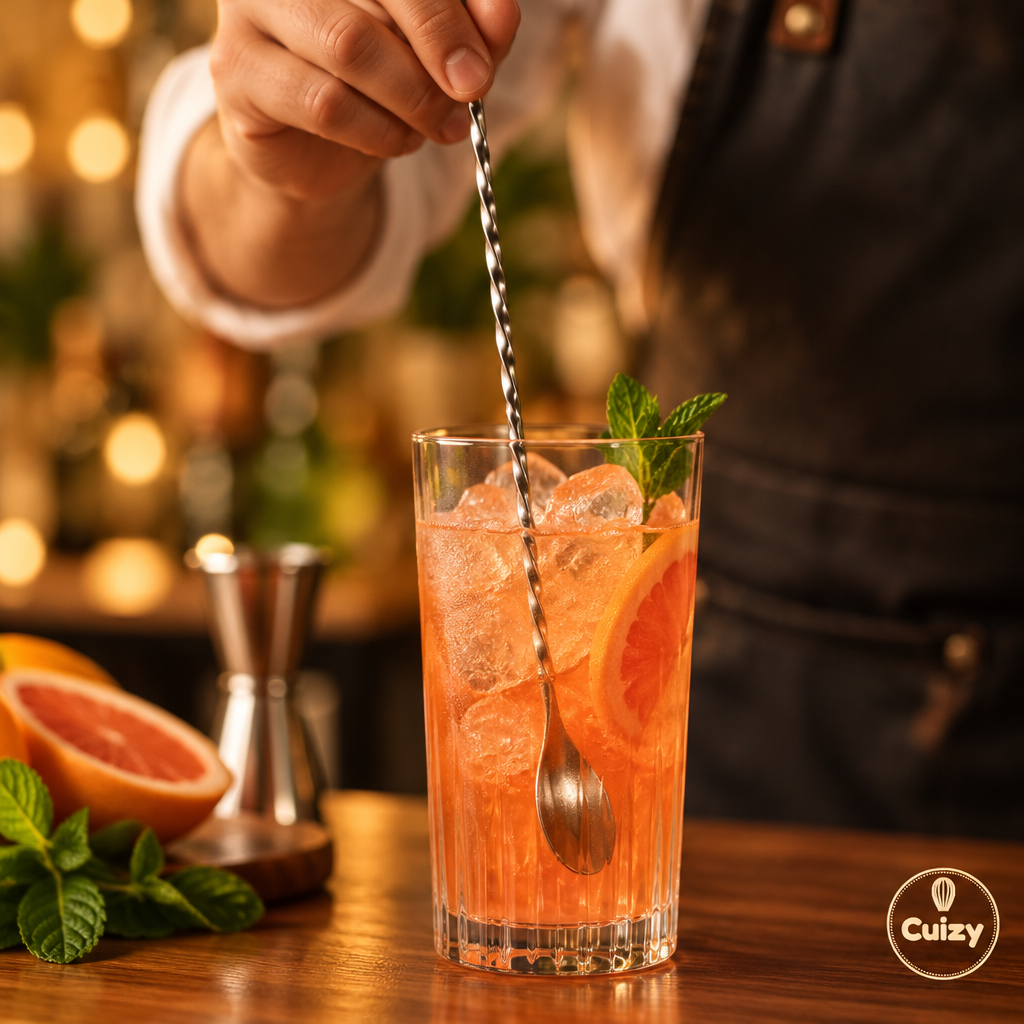 Cuillère de bar remuant un cocktail dans un grand verre