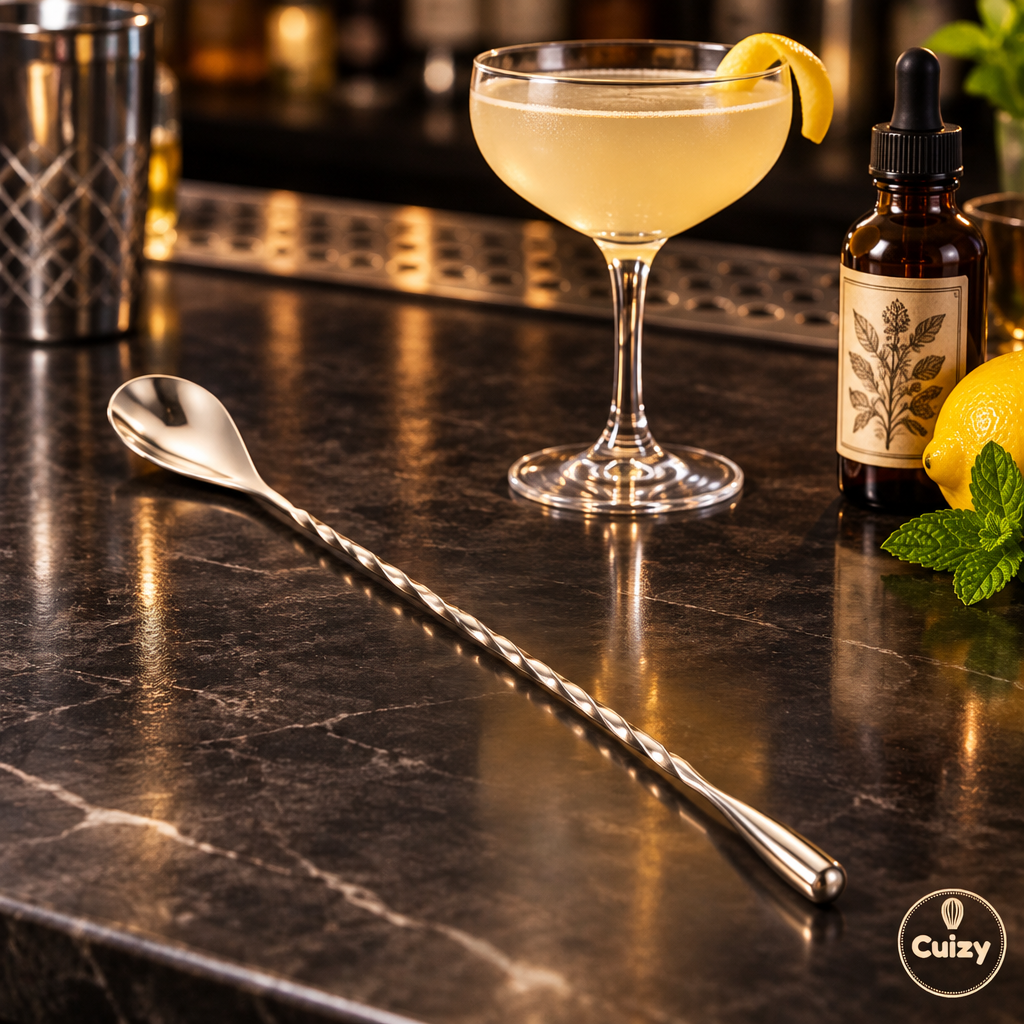Cuillère de bar sur un comptoir avec un verre à cocktail