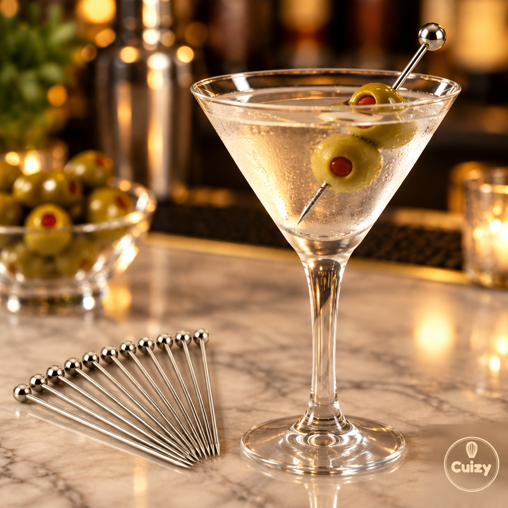 Pique cocktail avec olives dans un verre à martini
