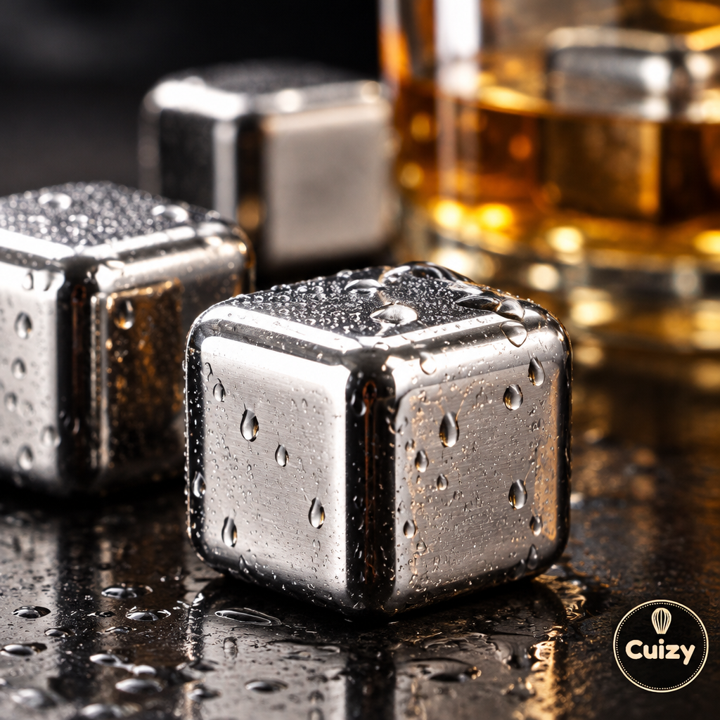 Gros plan sur les pierres à whisky en inox