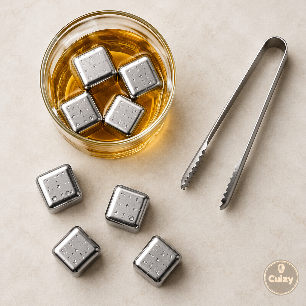 Vue du dessus des pierres à whisky et de la pince