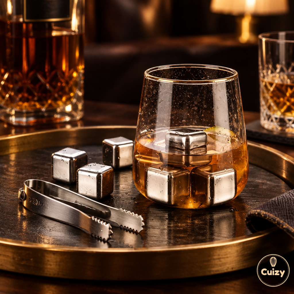 Pierres à whisky et pince sur un plateau de bar avec verres